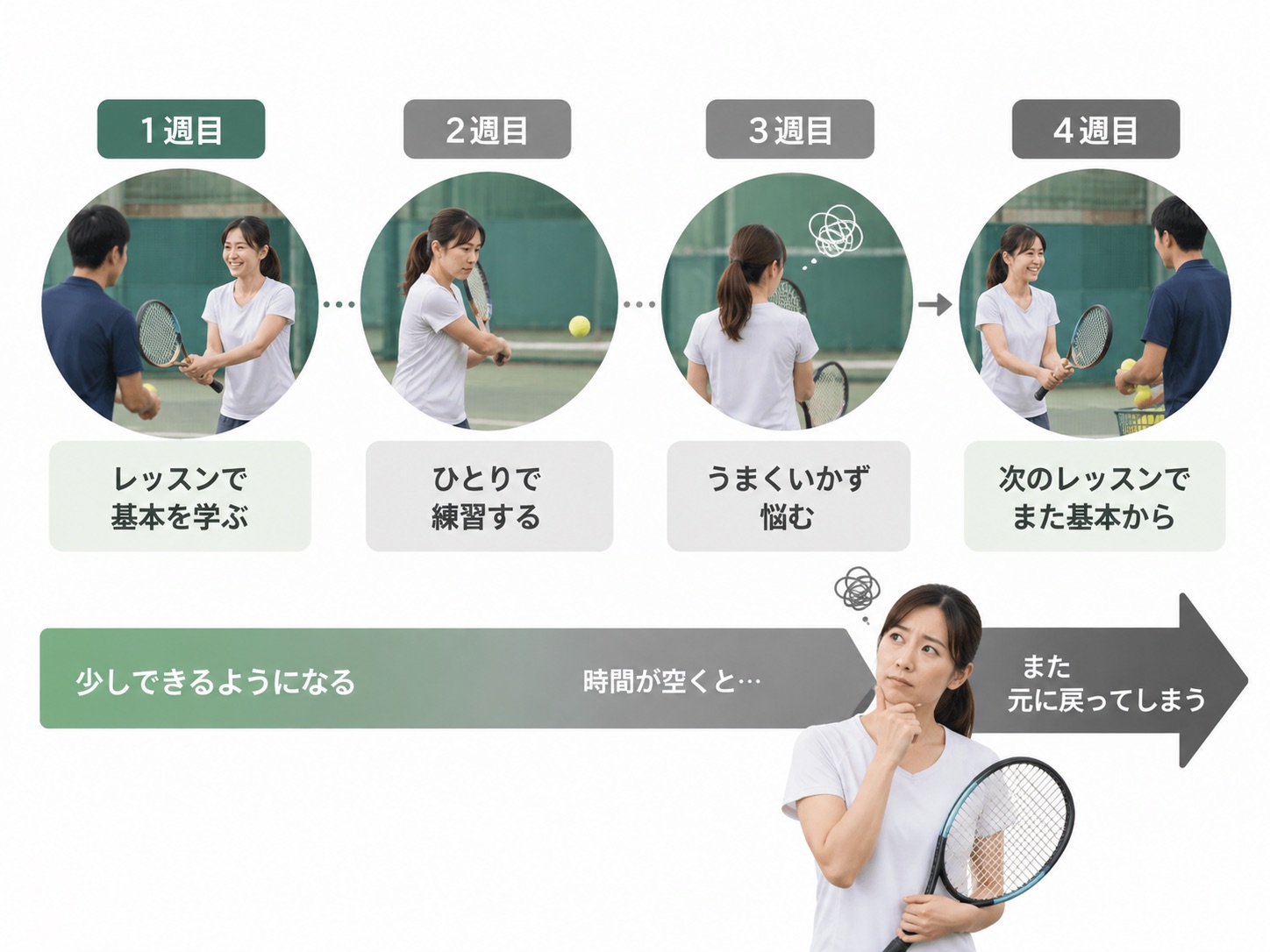 週1回のレッスンで起きることを示した図。1週目はレッスンで基本を学び、2週目は一人で練習し、3週目はうまくいかず悩み、4週目にはまた基本からやり直しになる。少しできるようになっても、時間が空くと元に戻ってしまう流れ