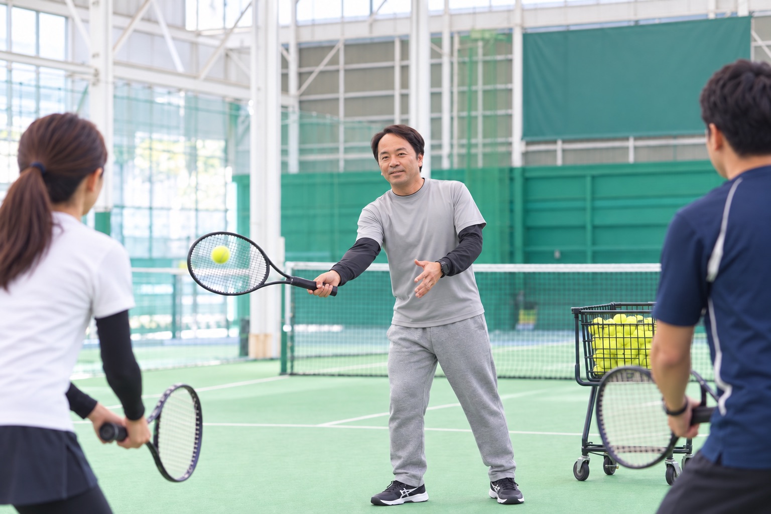スポーツマックスの屋内テニスコートで、コーチが2人の受講者に球出しをしている様子