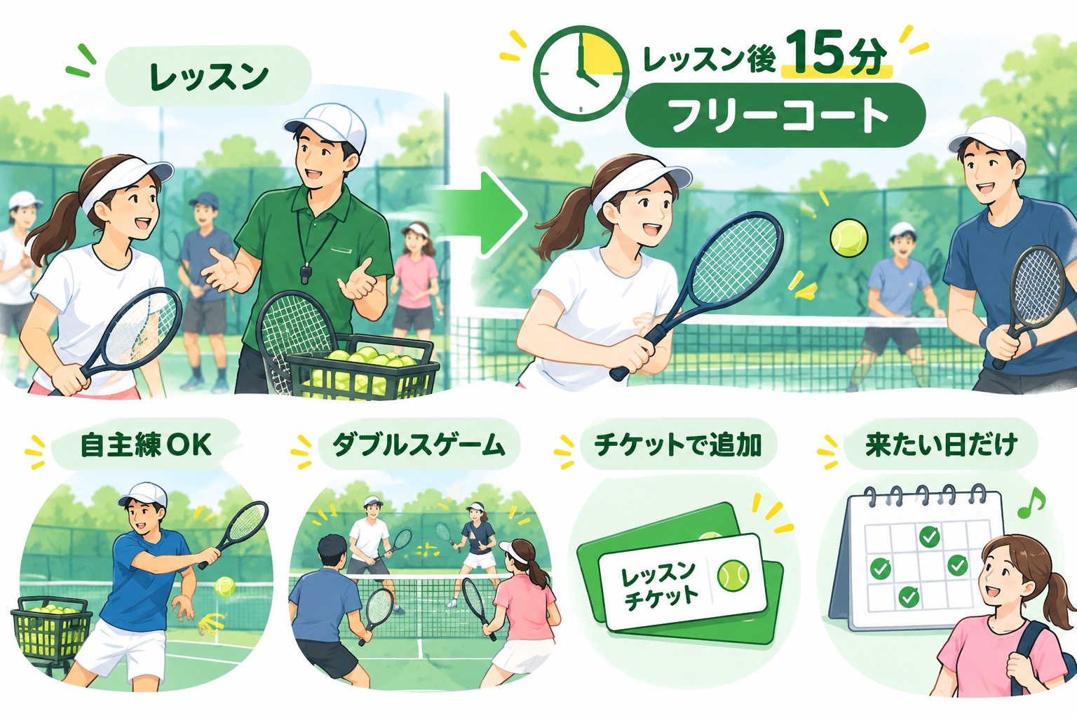 レッスンの後も打てることを示した図。レッスン後15分のフリーコート、自主練、ダブルスゲーム、チケットでの追加、来たい日だけの参加を挙げている