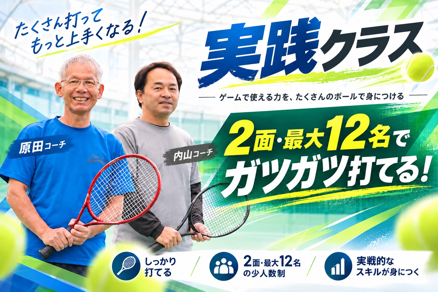 実践クラスの案内。ゲームで使える力を、たくさんのボールで身につける。2面・最大12名でしっかり打て、実戦的なスキルが身につく。担当は原田コーチ、内山コーチ