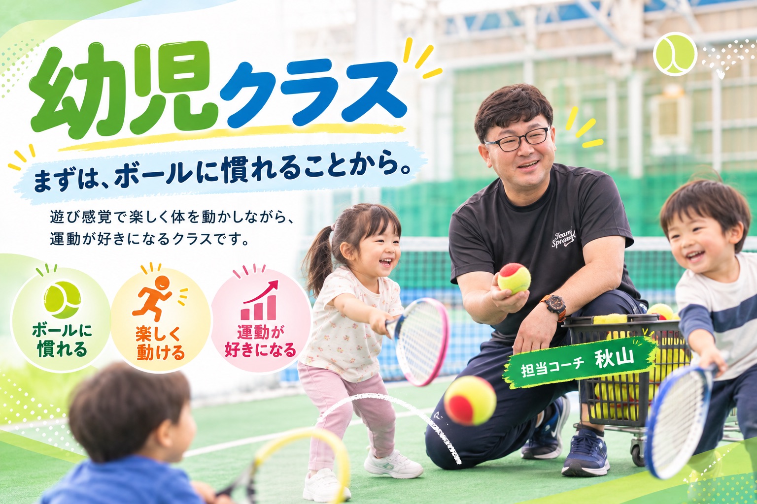 幼児クラスの案内。まずはボールに慣れることから。遊び感覚で楽しく体を動かしながら、運動が好きになるクラス。担当は秋山コーチ
