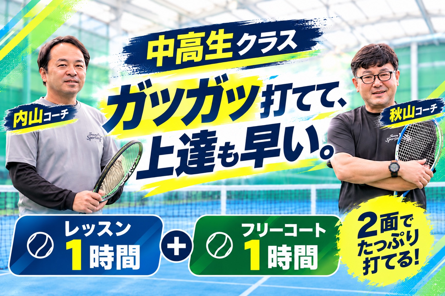 中高生クラスの案内。レッスン1時間とフリーコート1時間で、2面を使ってたっぷり打てる。担当は内山コーチ、秋山コーチ